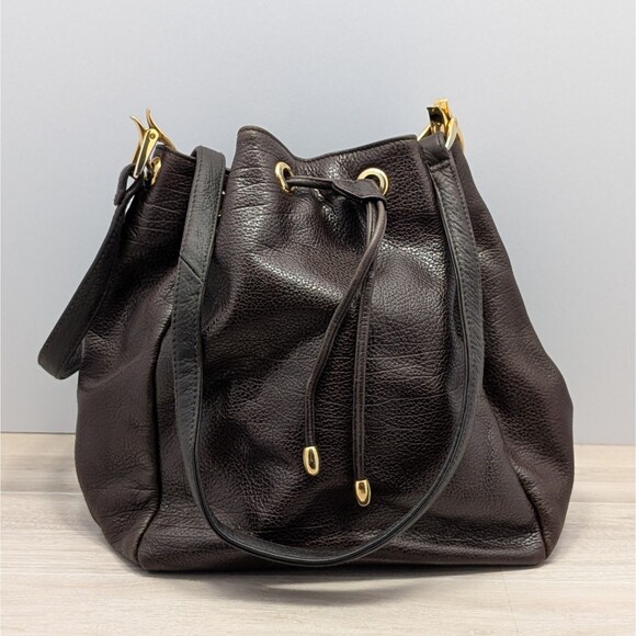 Susan Gail Vintage Dark Brown Pebbled Leather Drawstring Bucket Bag - Picture 1 of 10